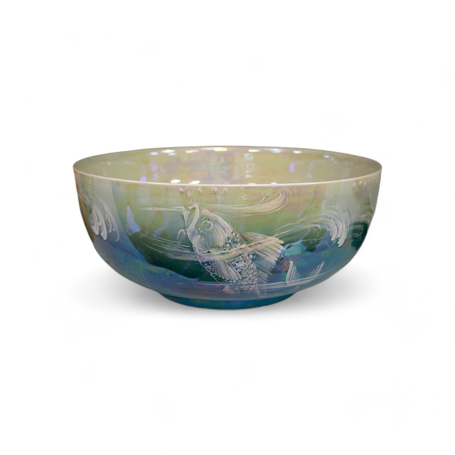 A Shelley Walter Slater signed lustre bowl externally decorated with two fish in water, 24.5cm diameter. Condition - good